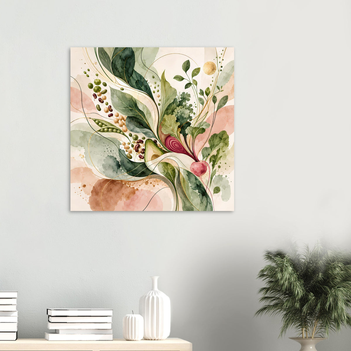 Naturposter mit botanischen Formen in Salbeigrün, Beige und Rosé