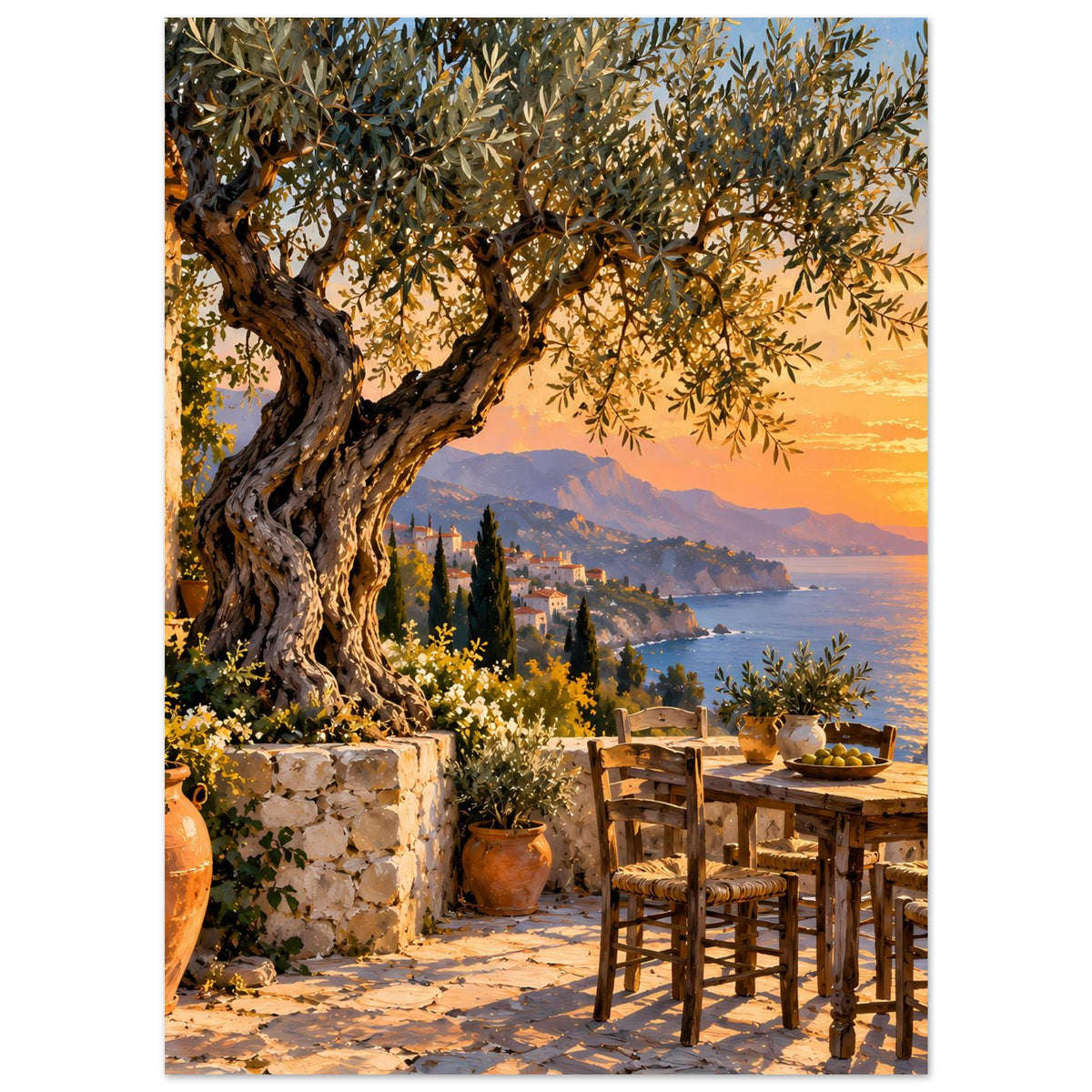 Sonnenuntergangs-Poster mit Olivenbaumkrone, Blumen, Tontöpfen und Holztisch