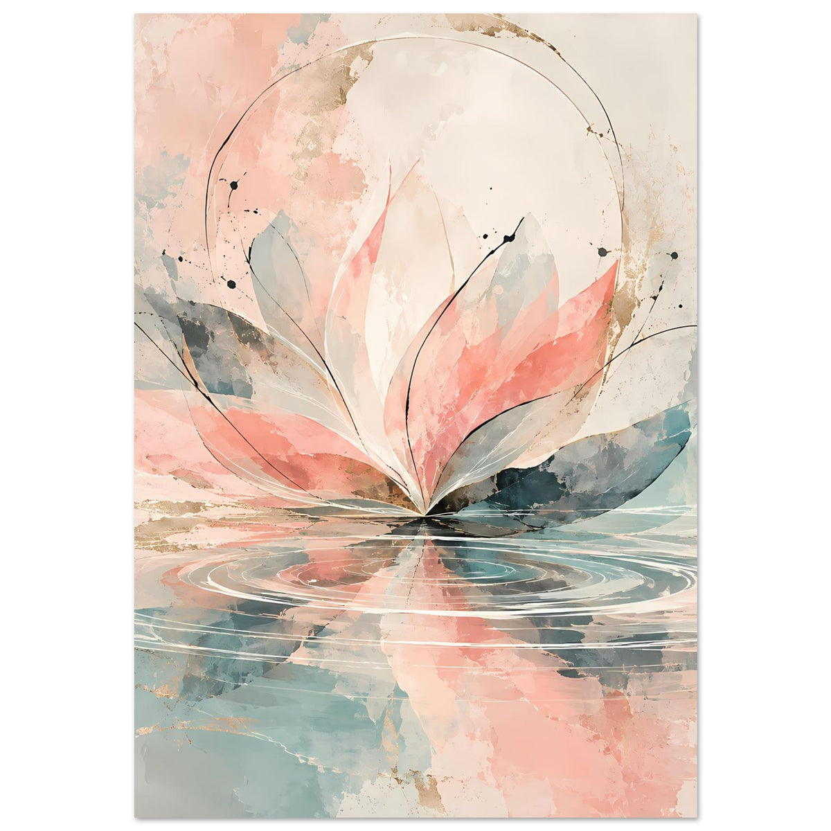 Florales Kunstposter mit großer Blüte in Rosa und Pastellblau, zarte dunkle Linien