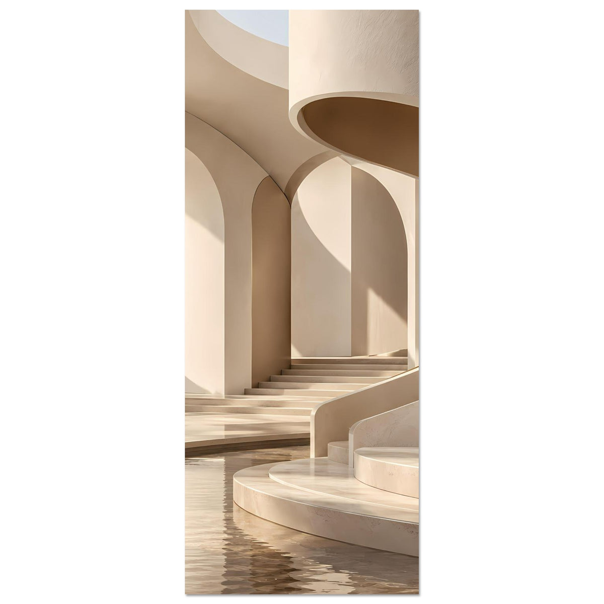 Vertikales Poster mit Marmorarchitektur: Rundbögen, Treppe und Wasserbecken-Anteil