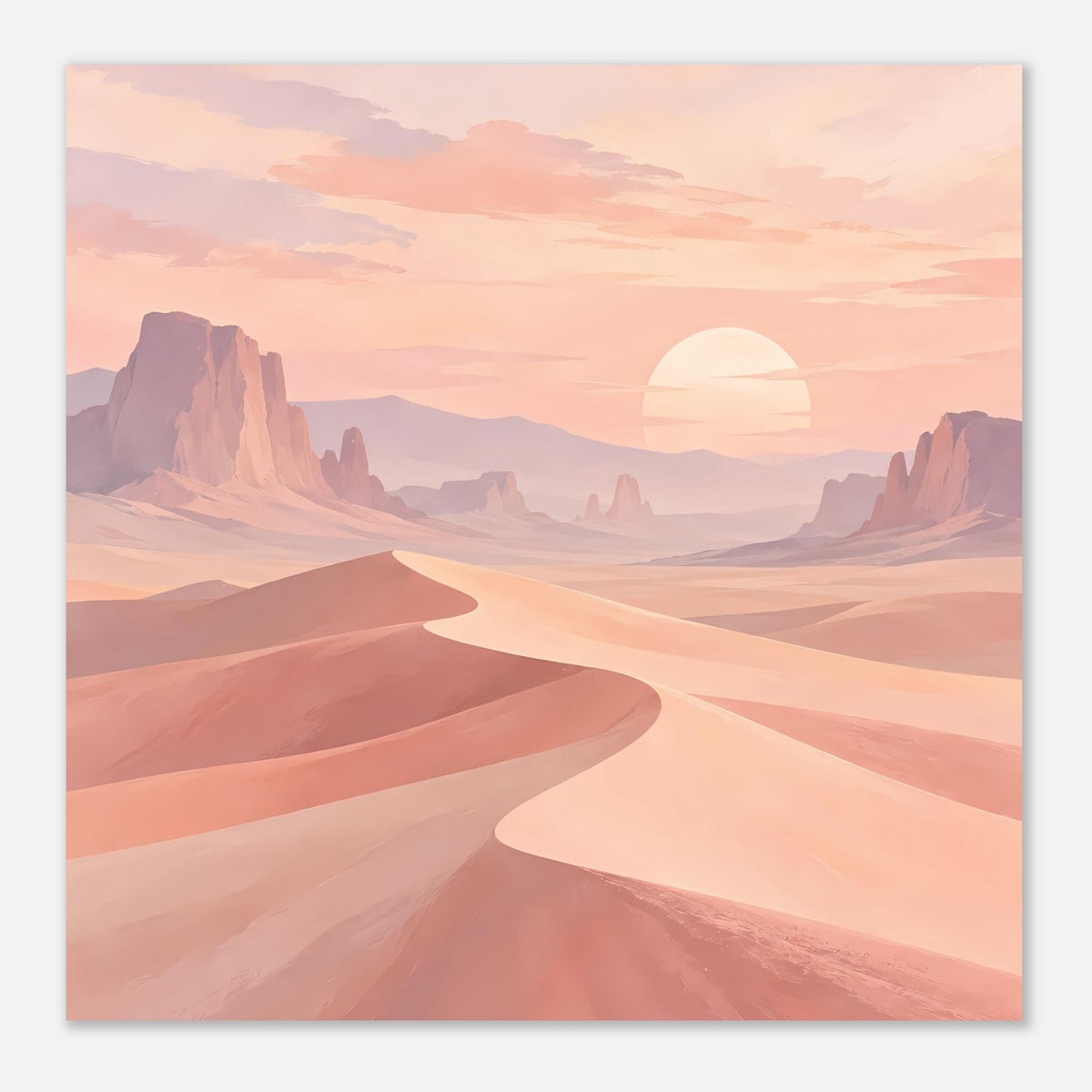 Quadrat-Poster: Pastellwüste mit Sanddünen, Sonne und Bergsilhouetten