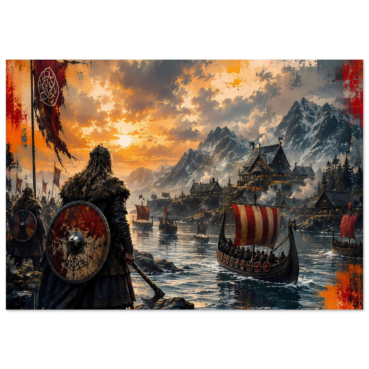 Wikinger-Poster mit Krieger links, rot gezeichnetem Schild und Langschiff im Fjordlicht