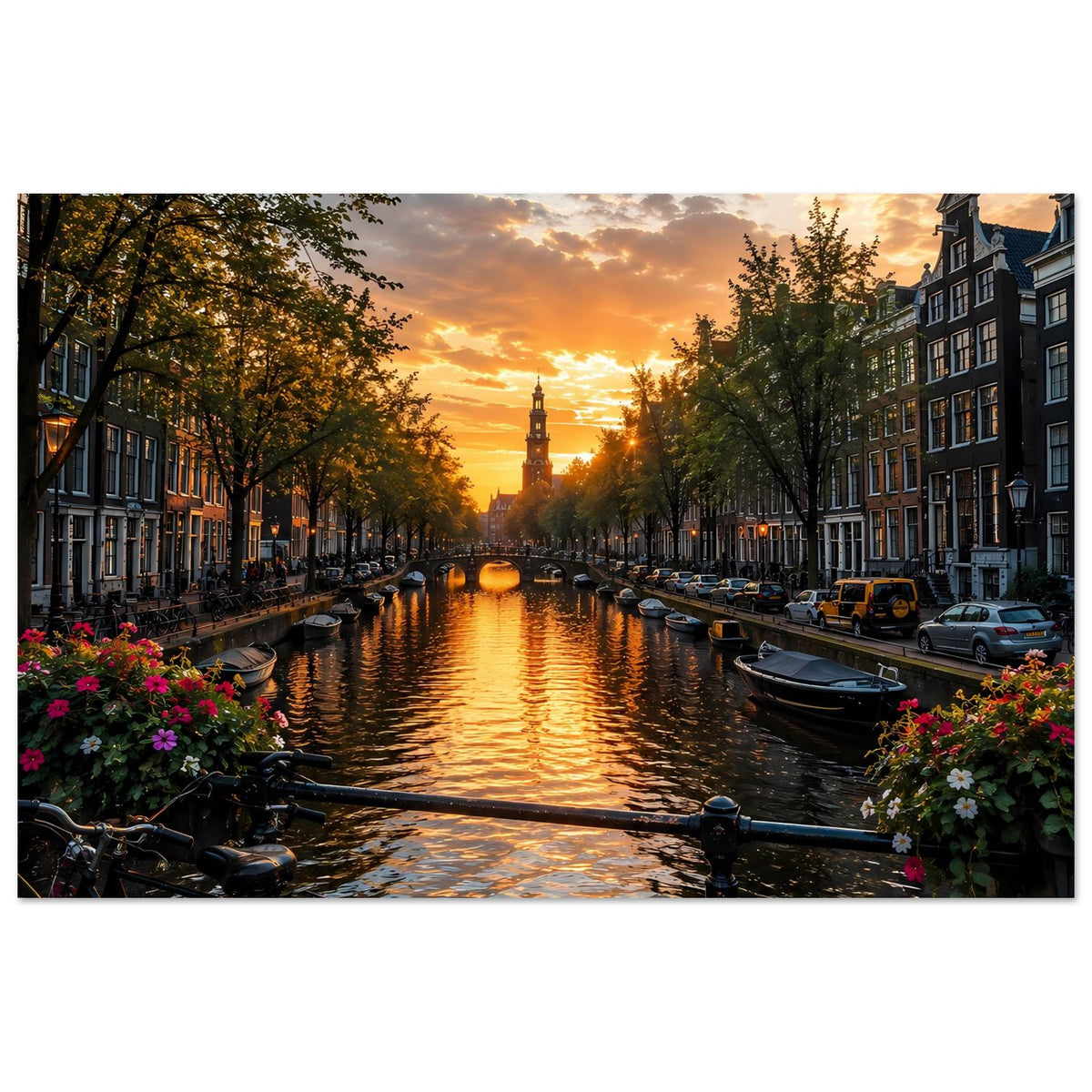Horizontales Poster mit Grachtenkanal bei Sonnenuntergang, Ruderbooten und Uferhäusern