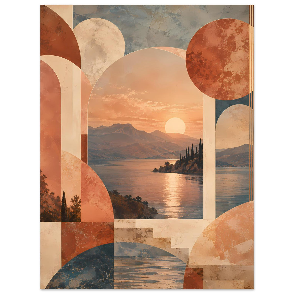 Abstraktes Poster: Sonnenuntergang über See, geometrische Bögen und Kreise in warmen Erdtönen