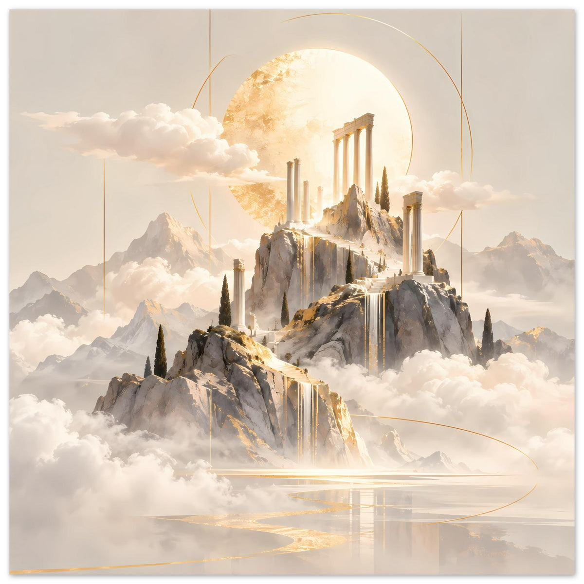 Querformat-Poster mit Tempelruine im Lichtschein, Berge und Wolken mit goldenen Linien