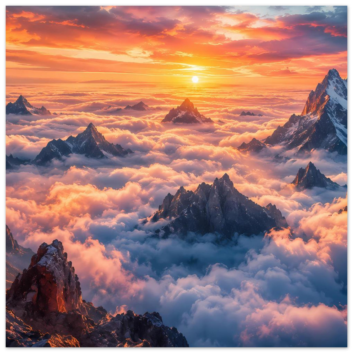 Poster mit Sonnenaufgang über Felsenbergen inmitten dichter Wolken