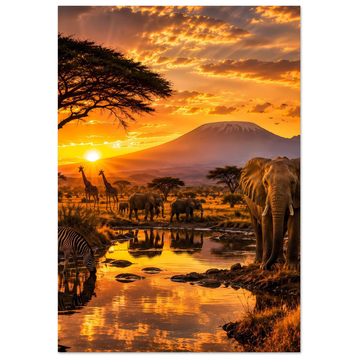 Hochkant-Wandposter mit Elefant rechts und Fluss-Spiegelung, Zebras vorn, Savanne bei Sonnenuntergang