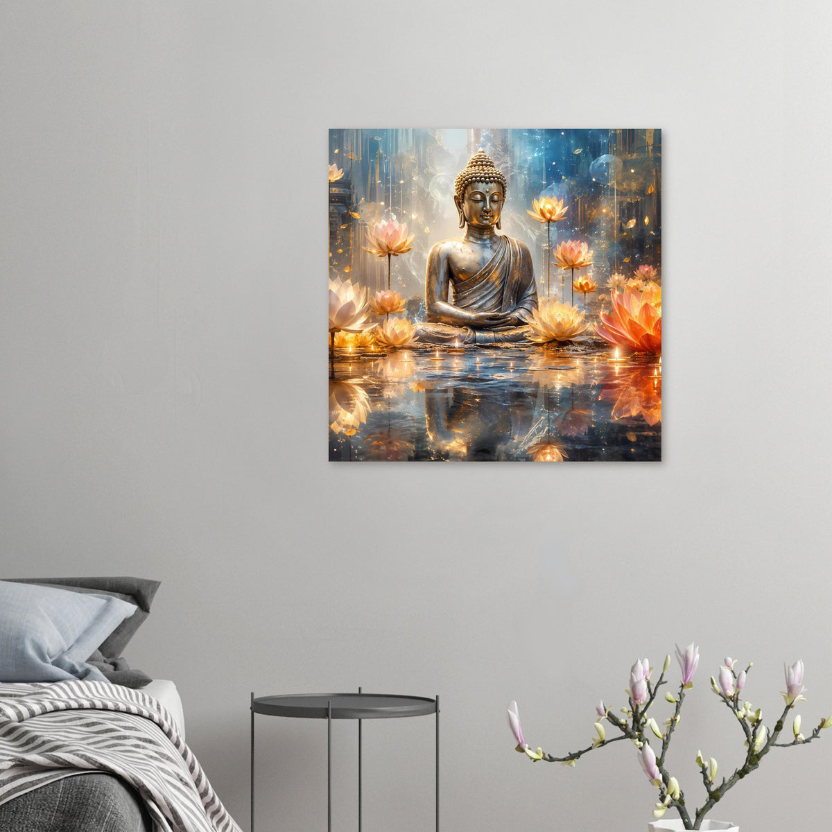 Kleines Buddha-Poster an der Wand mit goldener Figur und leuchtenden Lotusblüten