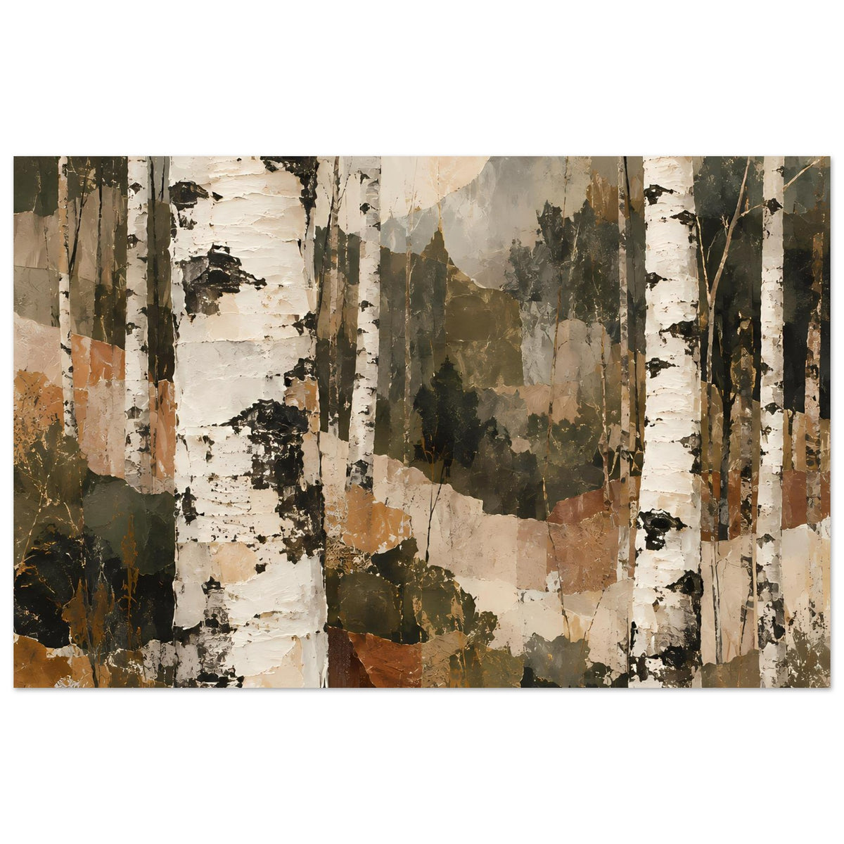 Kunstposter mit Birkenwald-Motiv, braun-grüner Wald und beige Baumstämme, horizontal