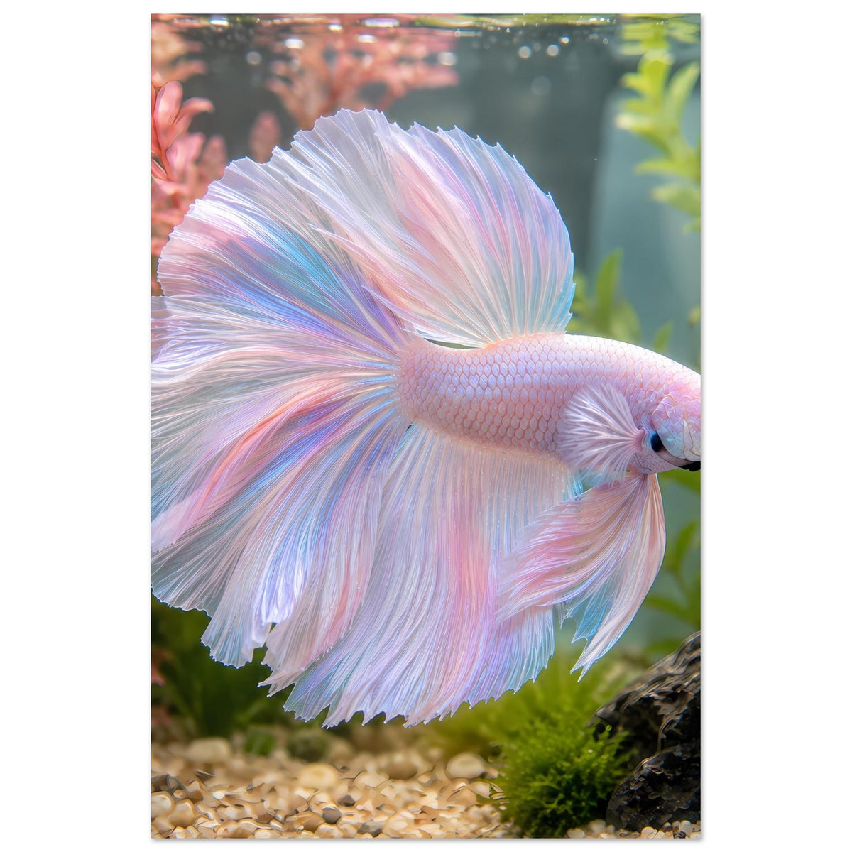 Poster mit Kampffisch Betta in Pastellfarben, klare Seitenansicht auf Aquarienpflanzen