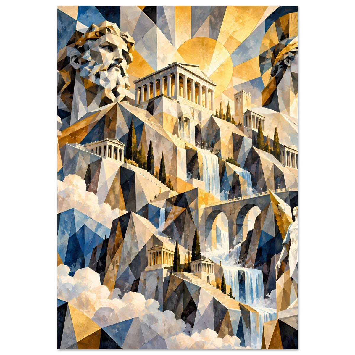 Poster: geometrische Parthenon-Darstellung mit Statuen, Sonnenstrahlen und Wolken in Blau/Gold