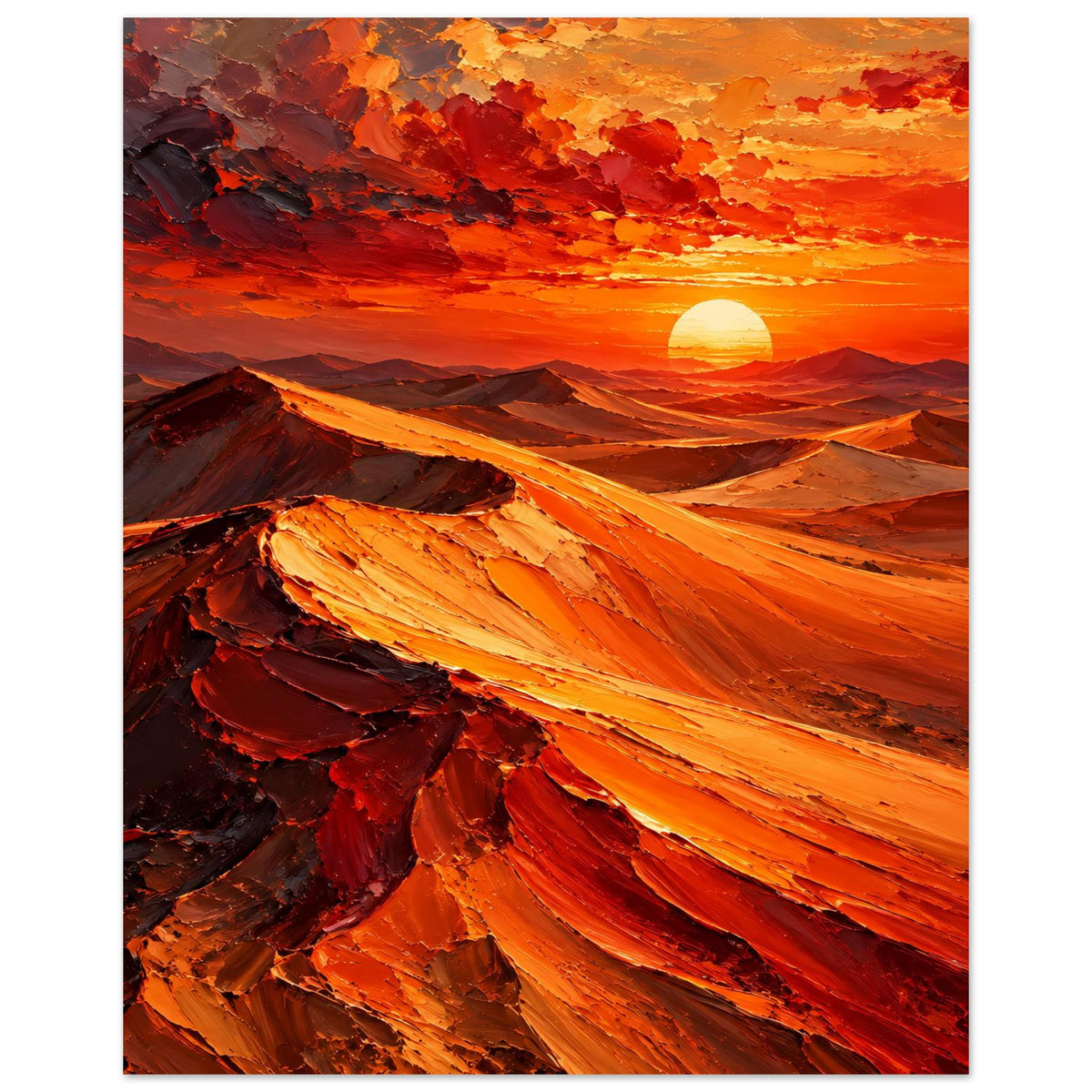 Poster Hochformat: Landschaft mit Düne und tiefem Sonnenuntergang, orangegelbe Akzente.
