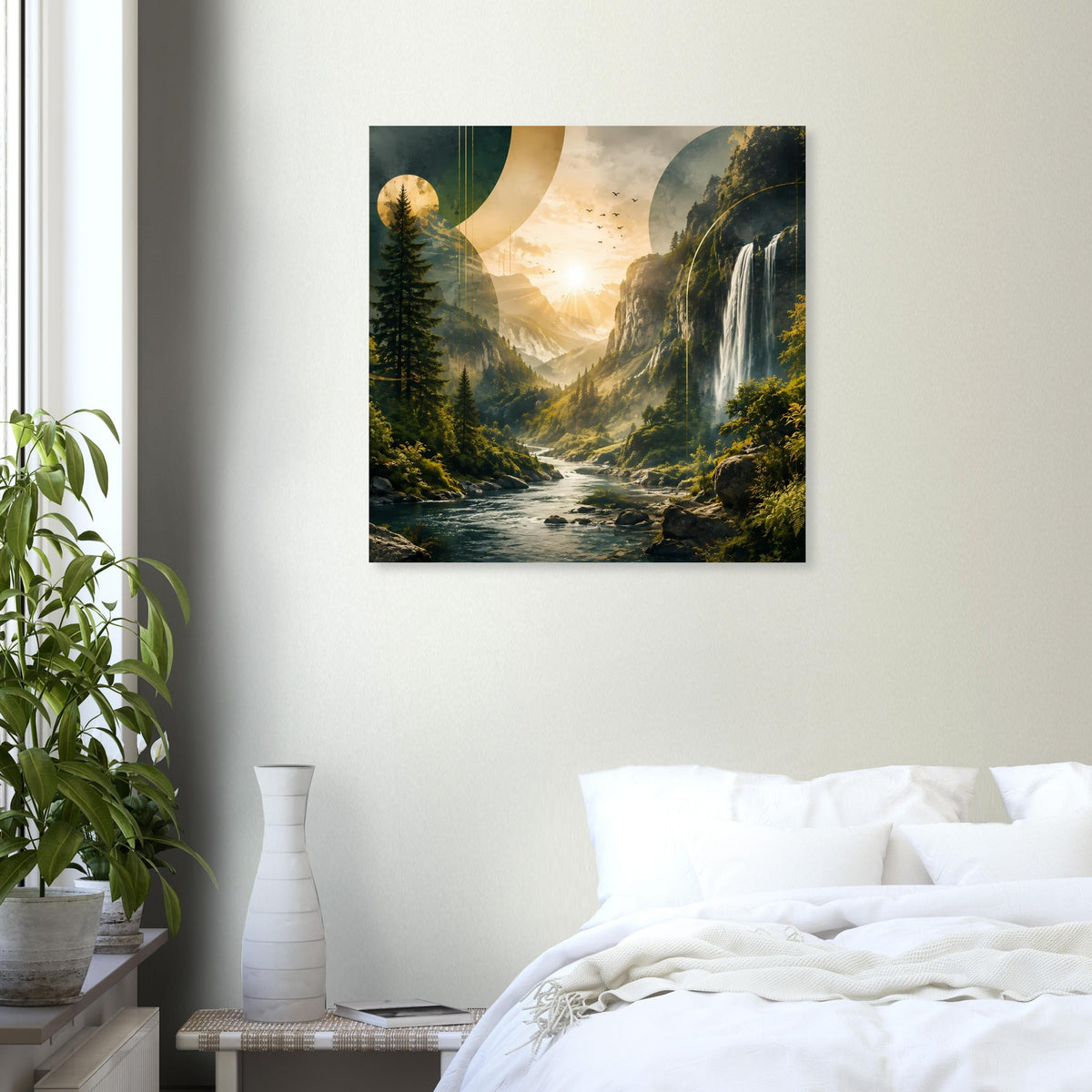 Landschafts-Poster mit Wasserfall und Berglandschaft, warmes Abendlicht im schwarzen Rahmen