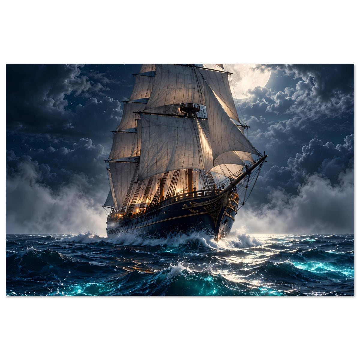 Horizontales Segelschiff-Poster mit Vollmond, Detail am Heck und türkisfarbenen Wellen