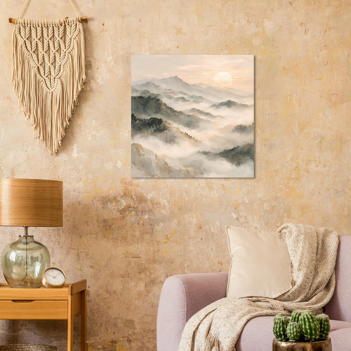 Bergposter mit nebligen Bergketten und Sonnenaufgang, matt