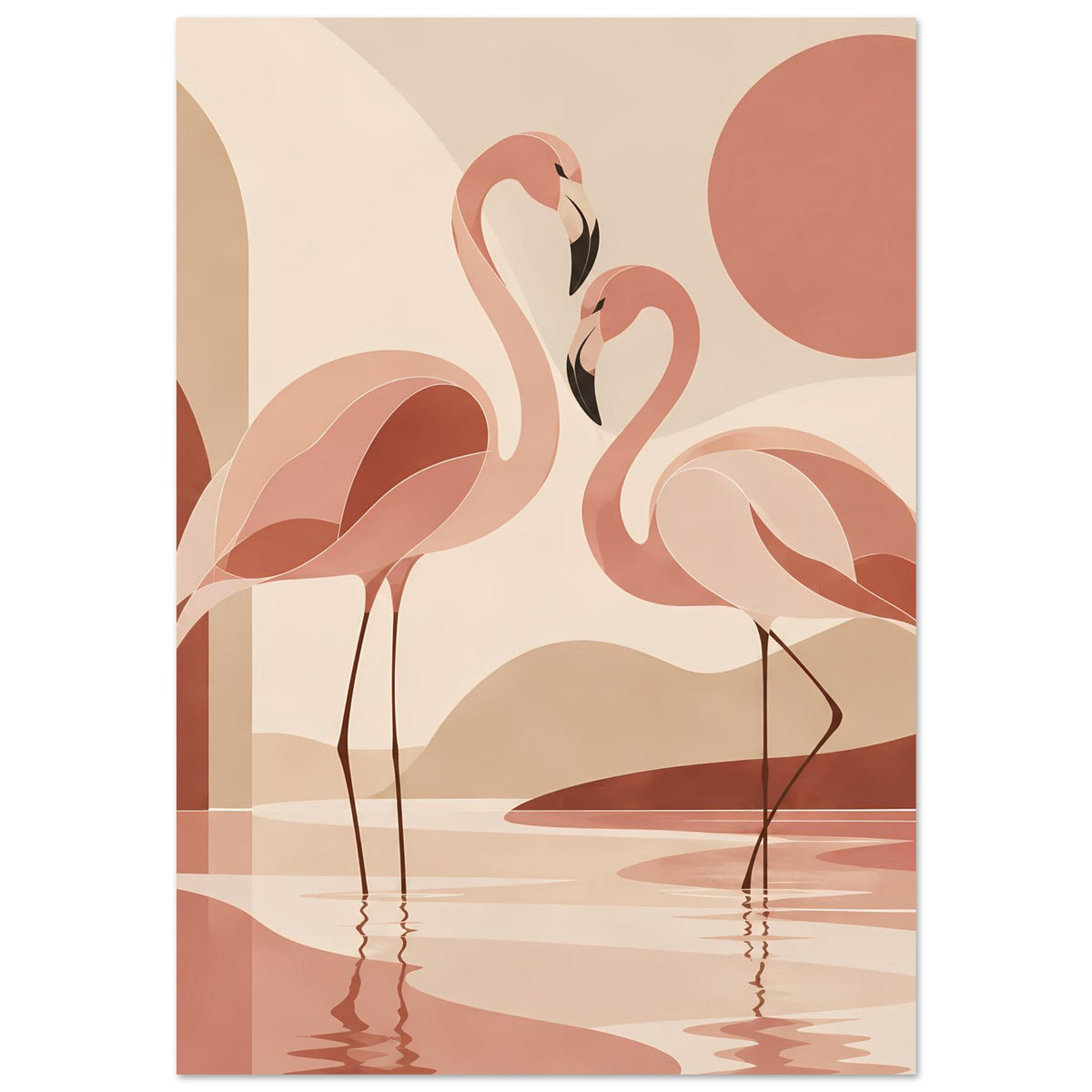 Vertikales Poster mit zwei Flamingos in Boho-Sonnenuntergang, Rosé- und Beigetönen