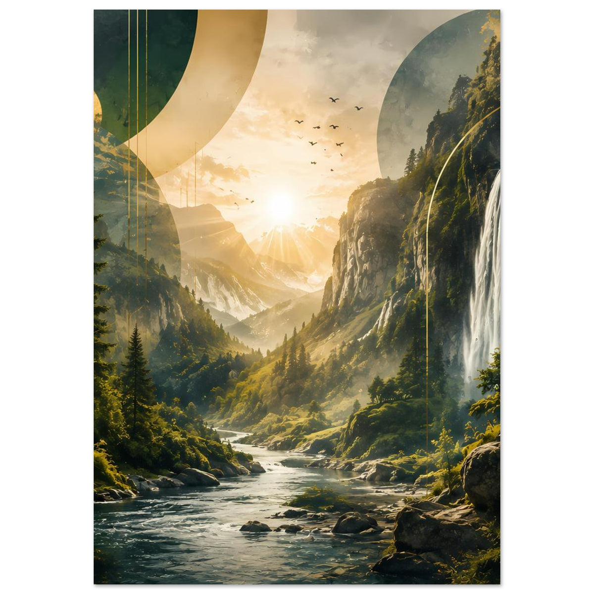 Landschaftsposter (vertikal) mit Wasserfall, Flusslauf, Sonnenaufgang und Bergtal