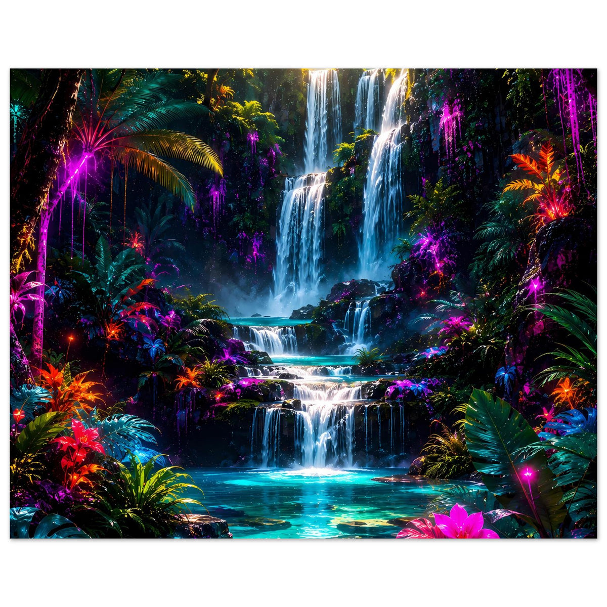 Breites Poster mit Wasserfall im Regenwald, blau-grünes Wasser und pinke Blüten