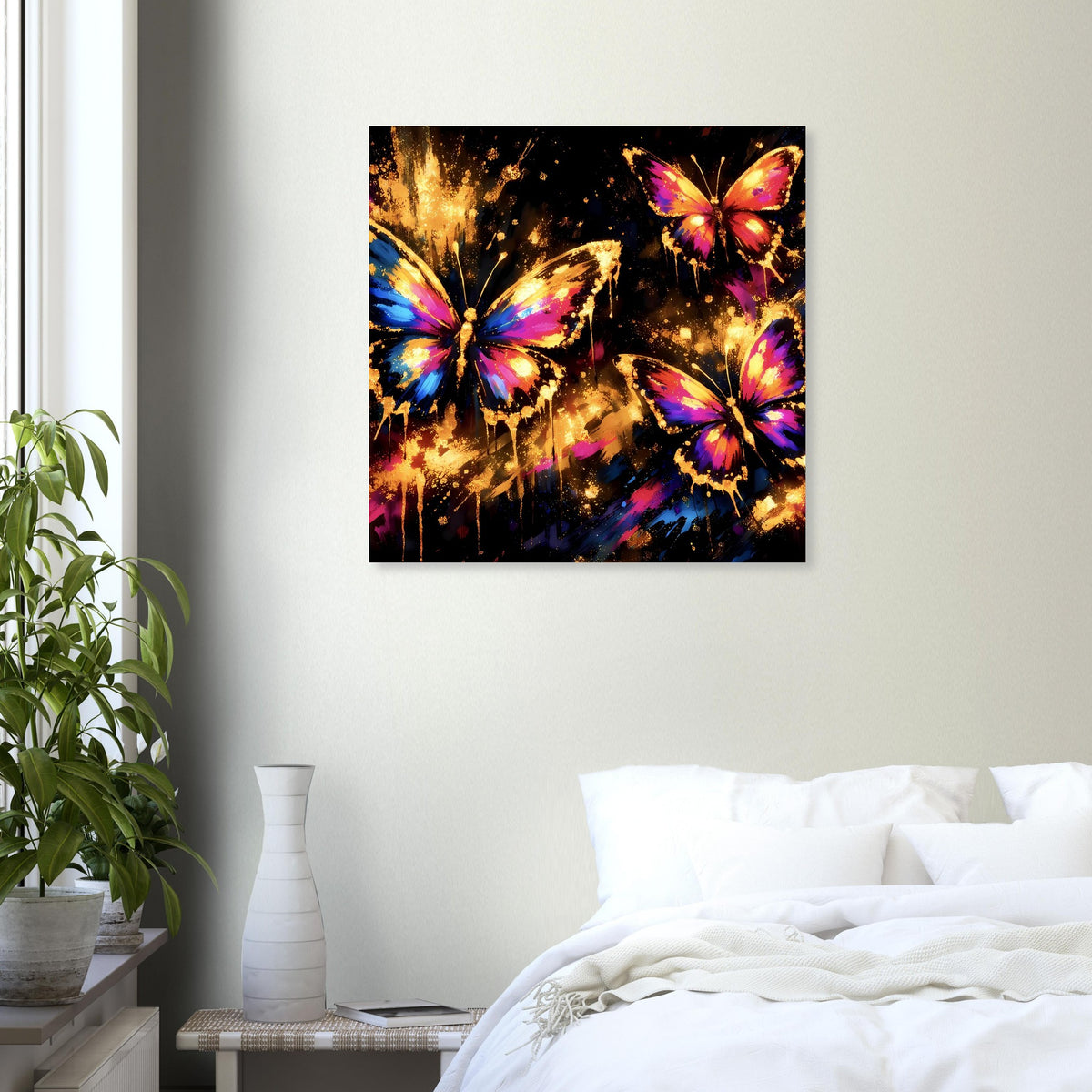 Kunstposter mit vier bunten Schmetterlingen im schwarzen Rahmen an der Wand