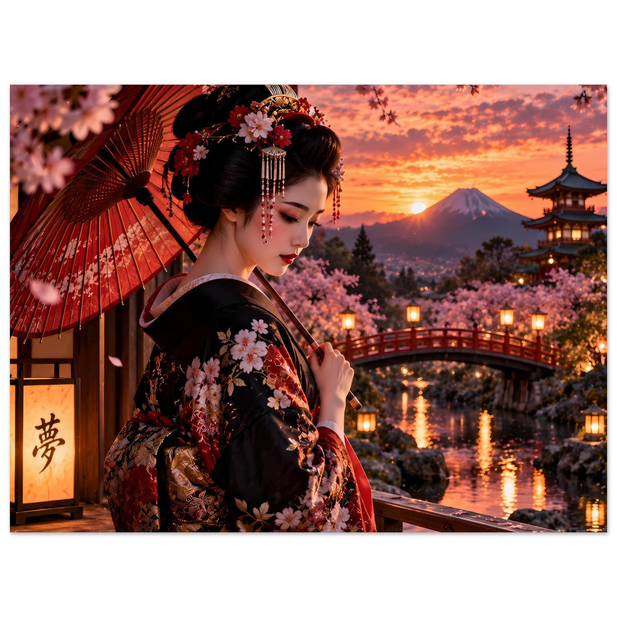 Poster: Frau im dunklen Kimono mit Kirschblüten, roter Fächer, Pagode und Wasserreflexionen