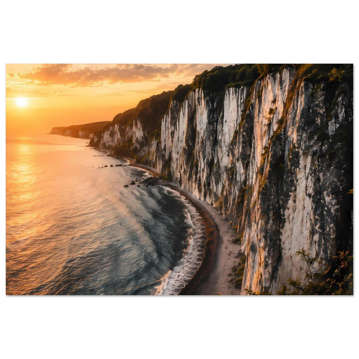 Poster: Küstenfels mit strandnaher Bucht und Wellen im goldenen Licht