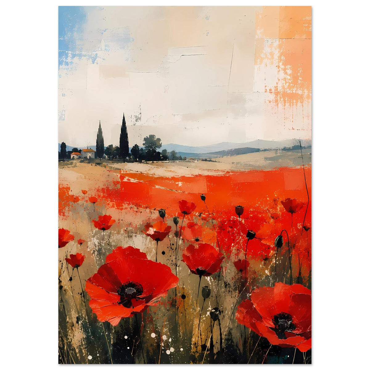 Poster mit abstrakter Landschaft und roten Mohnblumen, mit schwarzem Rand, fokussierte Blüten.