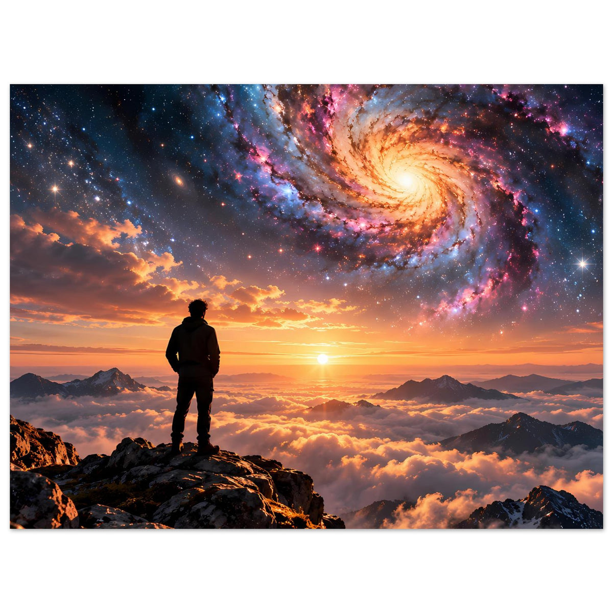 Querformat-Poster mit Spiralgalaxie, Silhouette auf Berggipfel und goldenem Sonnenuntergang