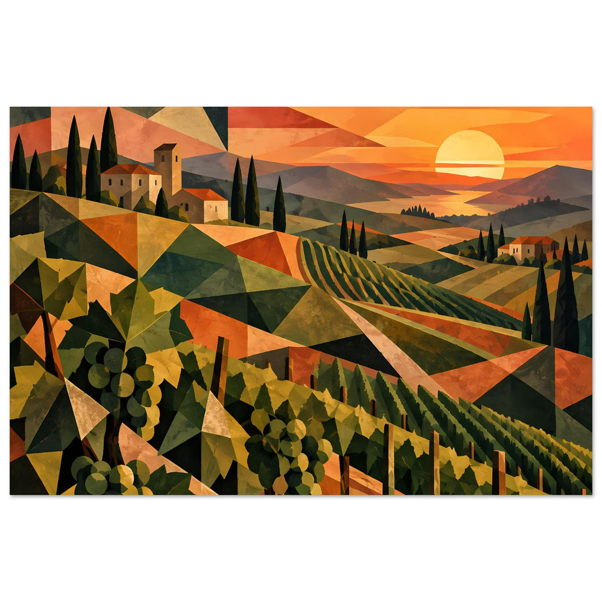 Horizontales Poster mit polygonaler Vineyard-Szene, Rebenreihen und untergehender orangefarbener Sonne
