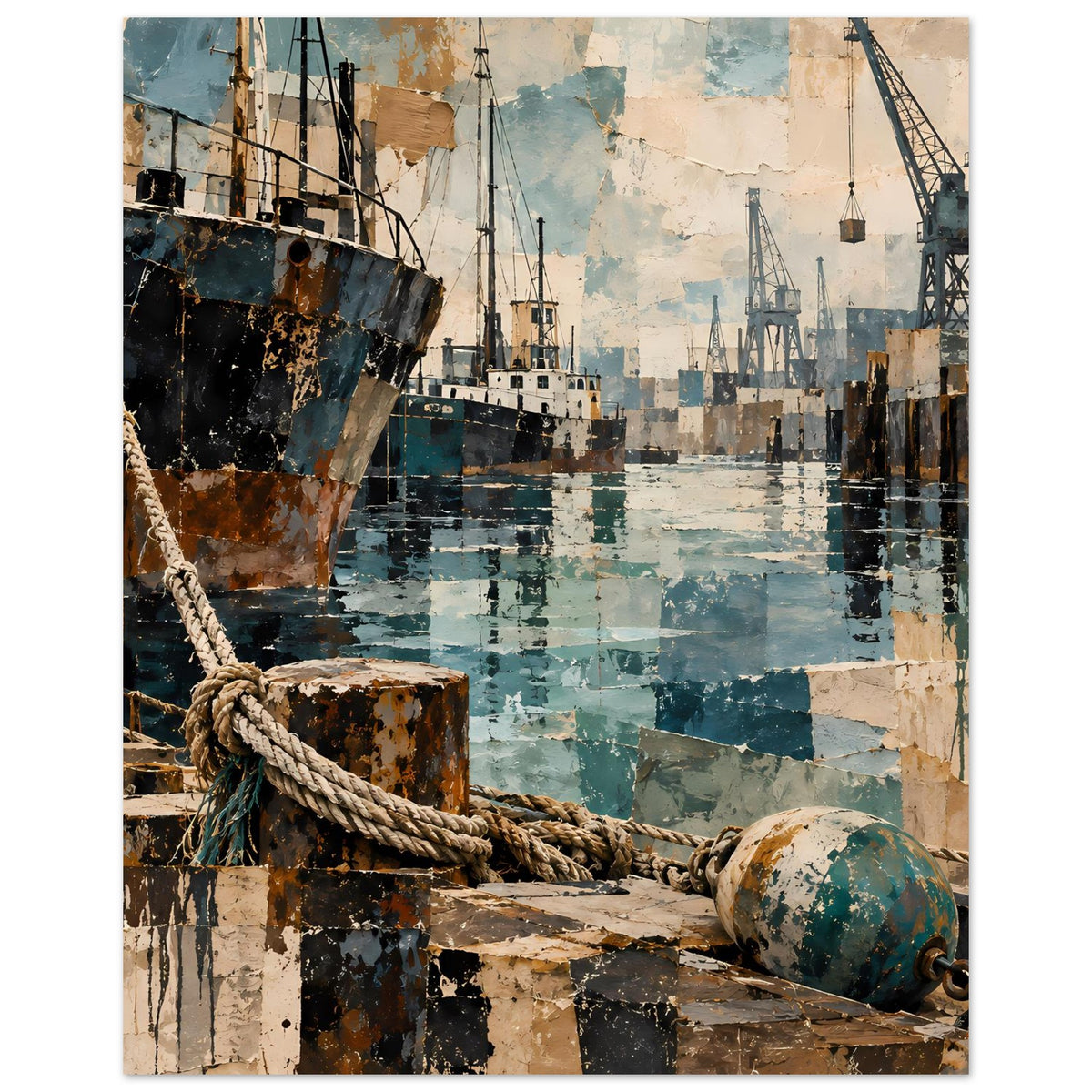 Maritimes Poster: Hafenansicht mit Schiff, Kränen und dicken Seilen am Dock