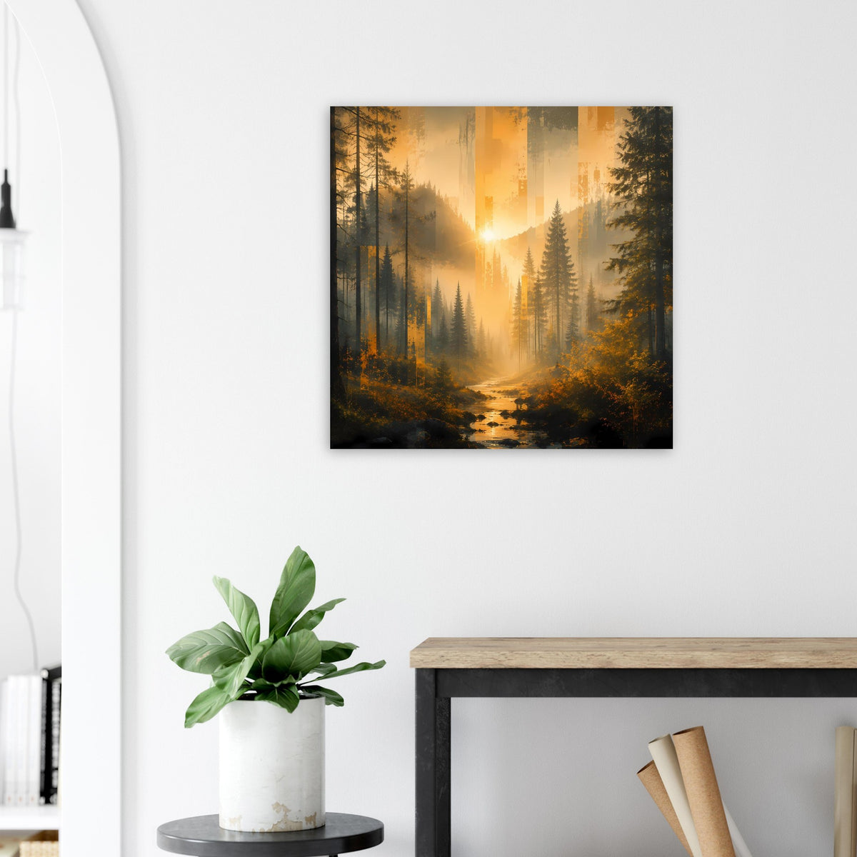Wandposter mit Sonnenaufgang im Wald, Bachlauf und Tannen im Hintergrund