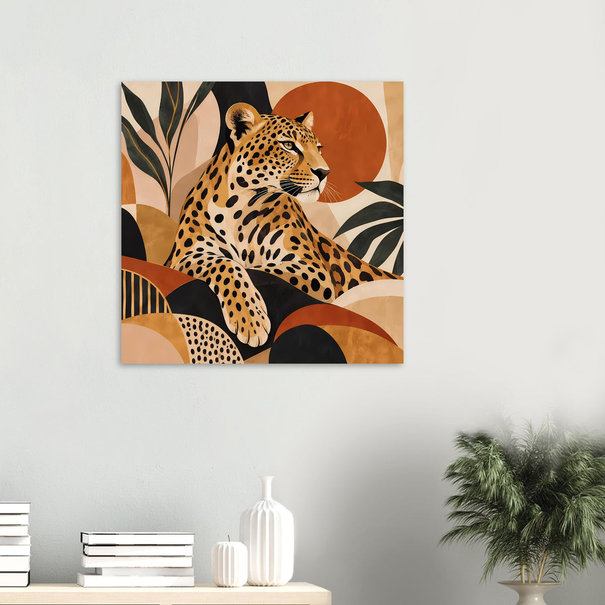 Boho-Tierposter mit Leopardenprofil, braunem Fell, schwarzen Tupfen und abstraktem Boho-Muster