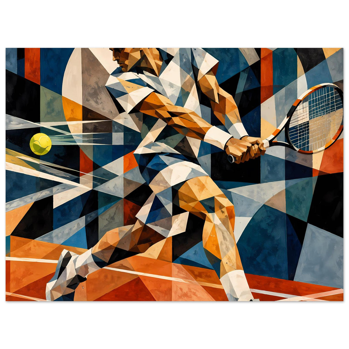 Horizontales Kunst-Poster: Tennisfigur mit Schläger, gelber Ball und orange-blaue Facetten