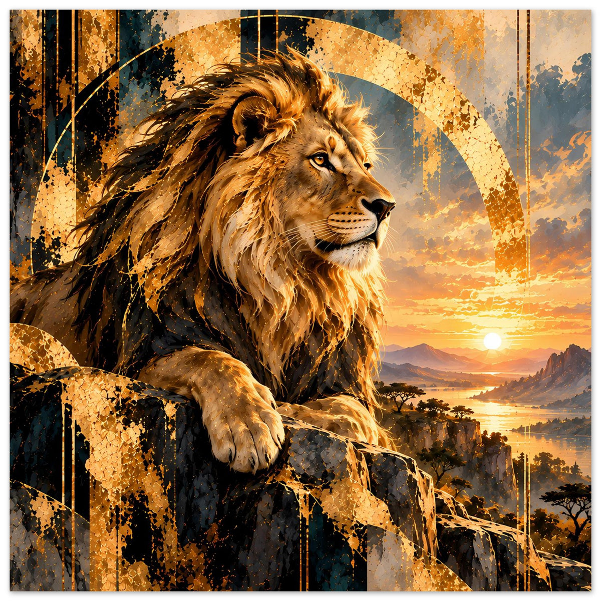 Horizontales Poster mit Löwenkopf und goldener Mähne vor orangefarbenem Abendhimmel