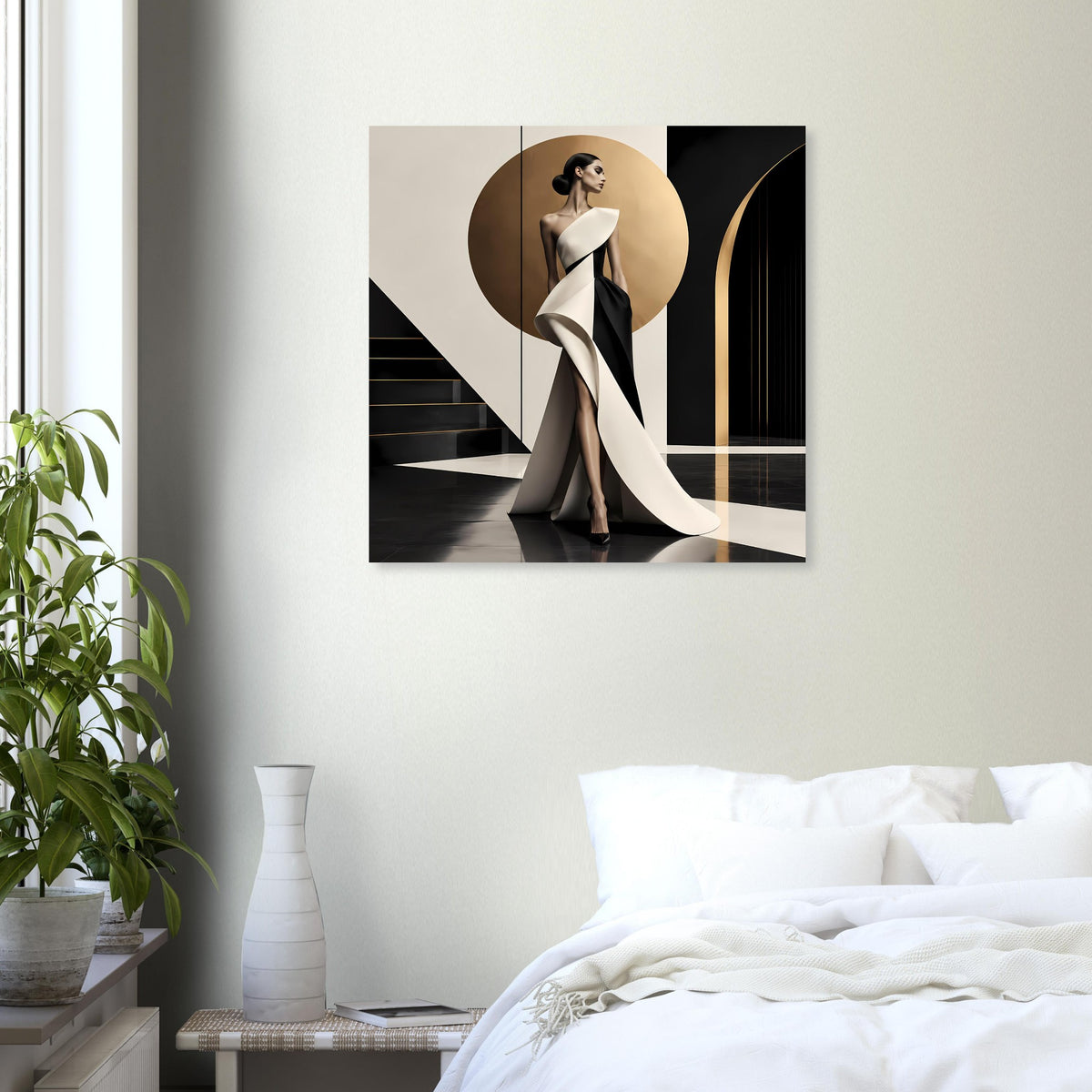 Glamour-Fashion-Poster mit Vollfigur: Frau in Schwarz und langem weißem Tuch im beigen Kreis