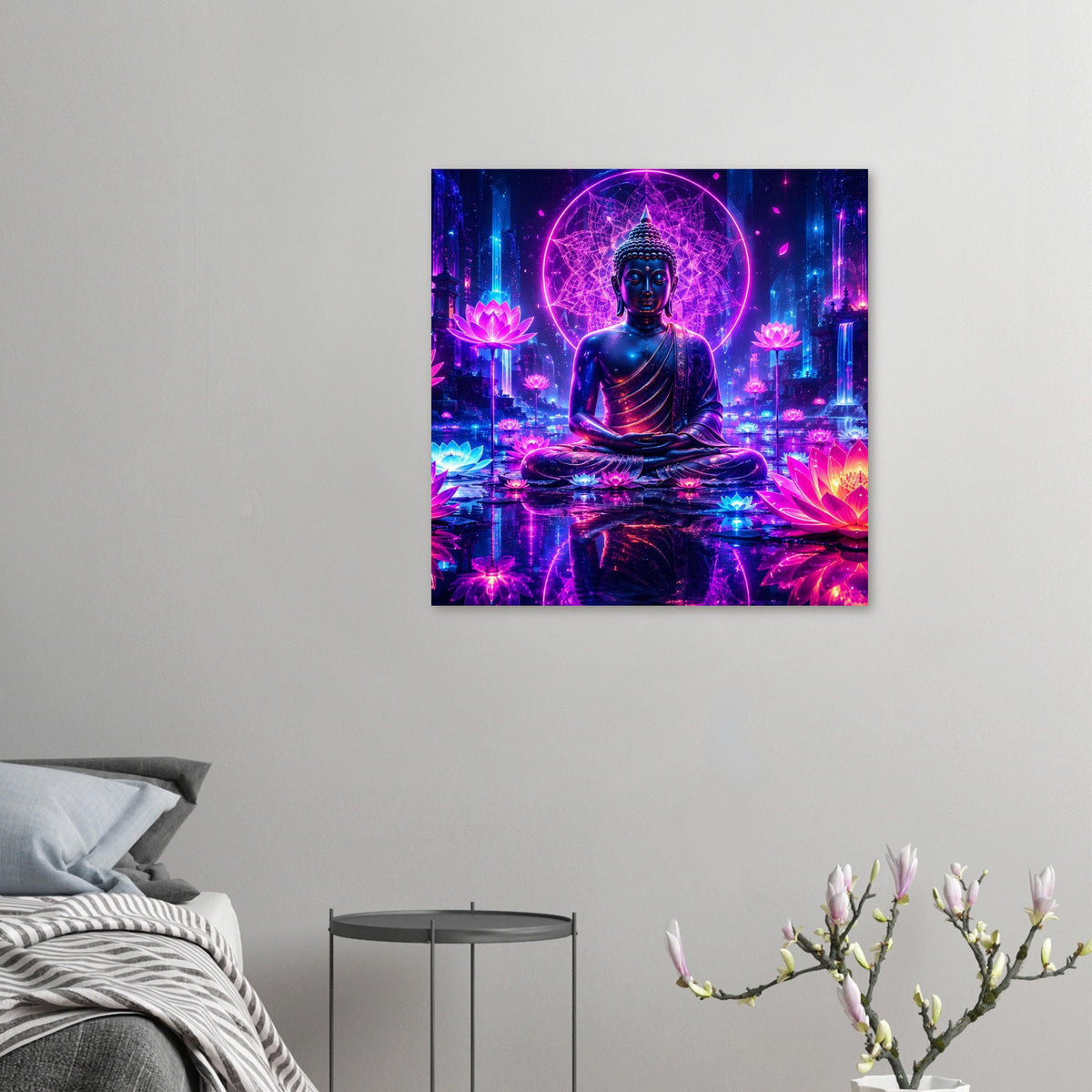 Meditierender Buddha auf kleinem Poster, zentraler Buddha im Lotussitz, neonfarbener Kreis