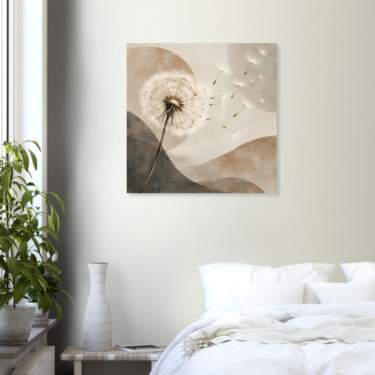 Quadratisches Poster mit Pusteblume auf hellem Hintergrund, Beige und Grau