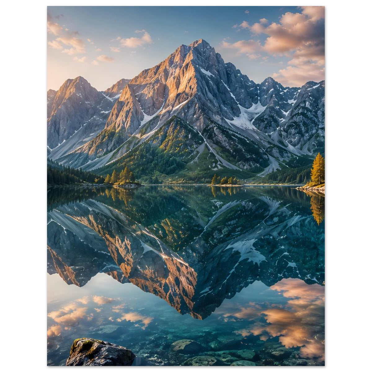 Vertikales Poster mit Berglandschaft, spiegelnder Seefläche und Nadelbaumreihe