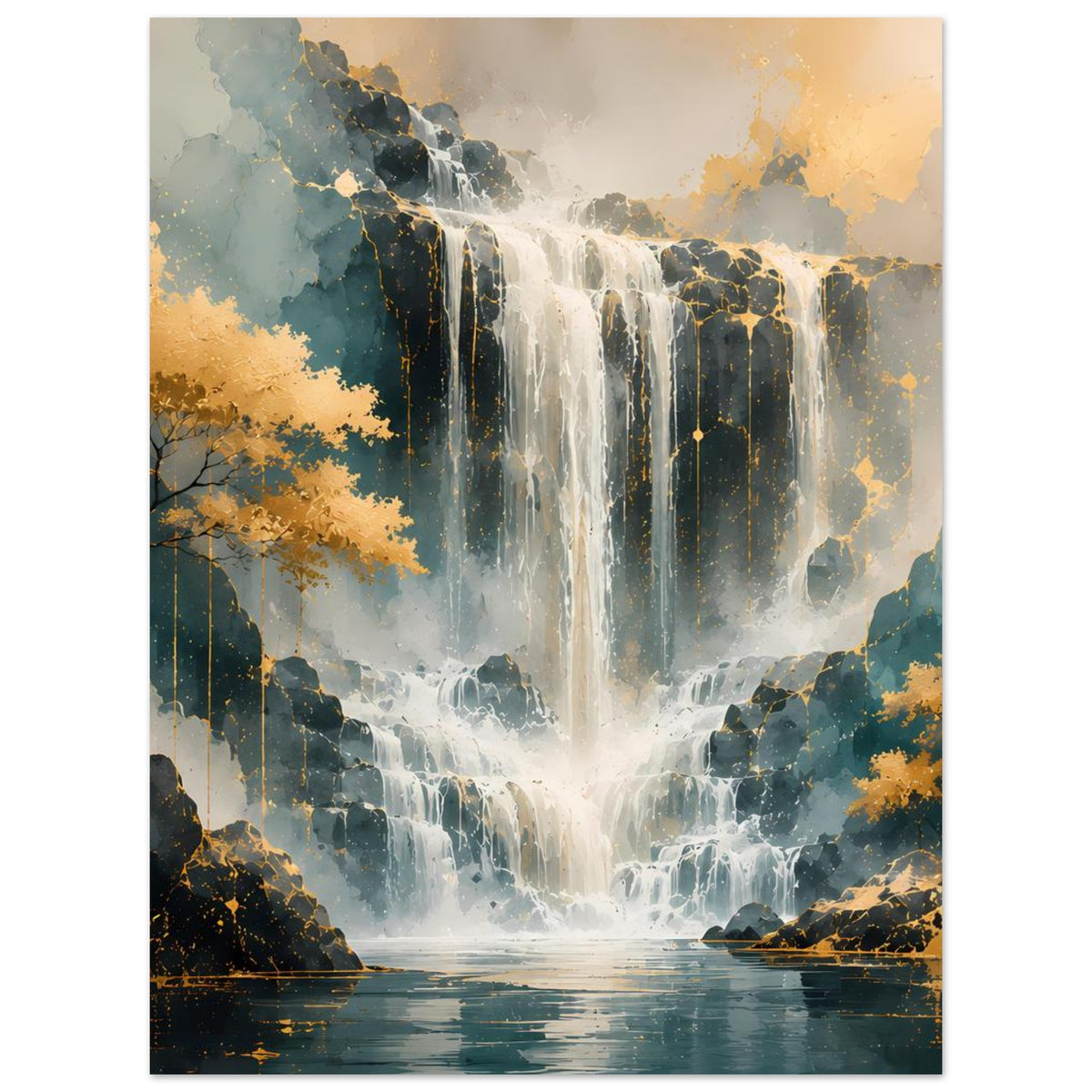 Kunstdruck-Poster mit Wasserfall, goldenen und blauen Farbakzenten, See unten, Baum links