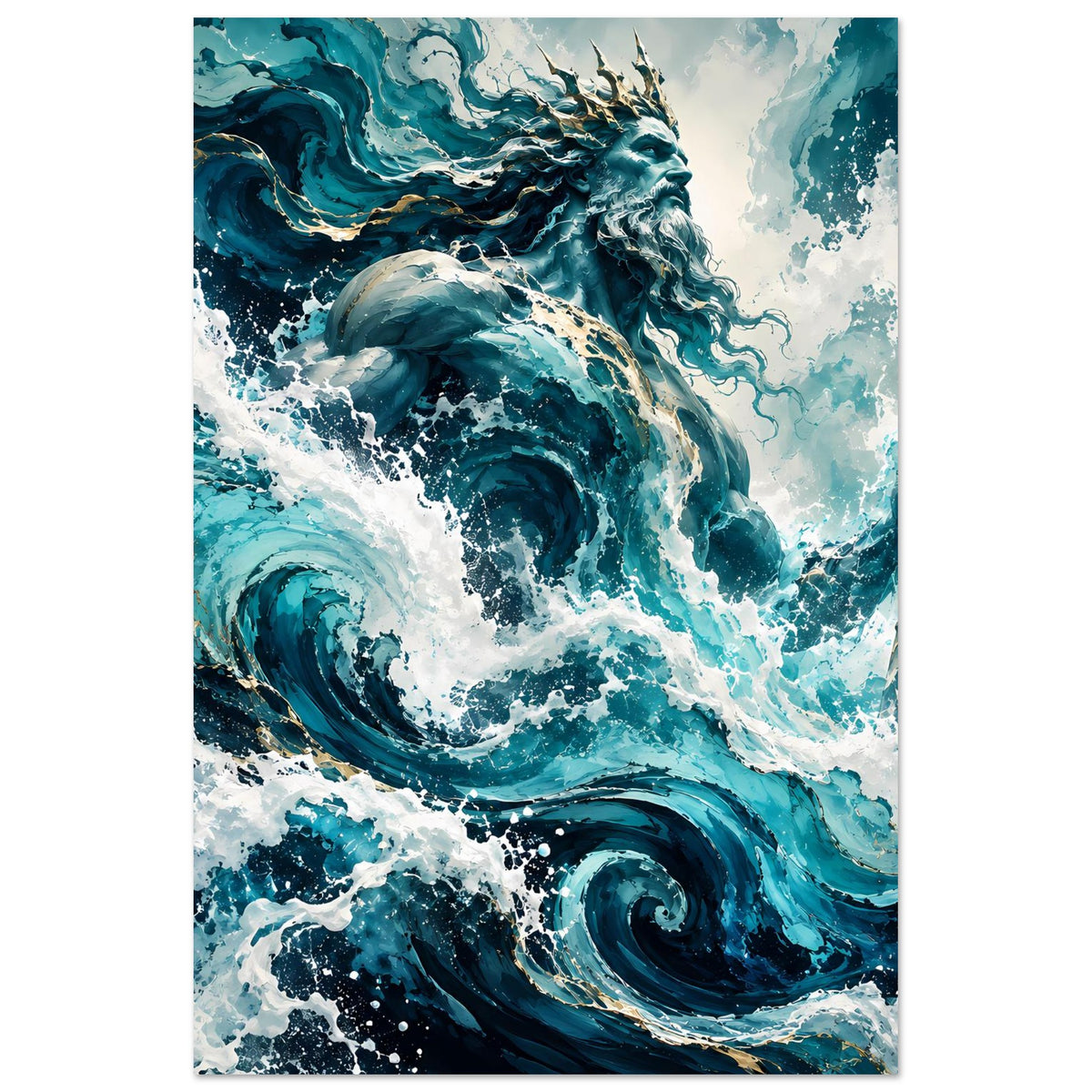 Vertikales Poster: Poseidon/Ozean-Gott im Sturmmeer, türkis-dunkelblaue Wellen mit Goldakzenten