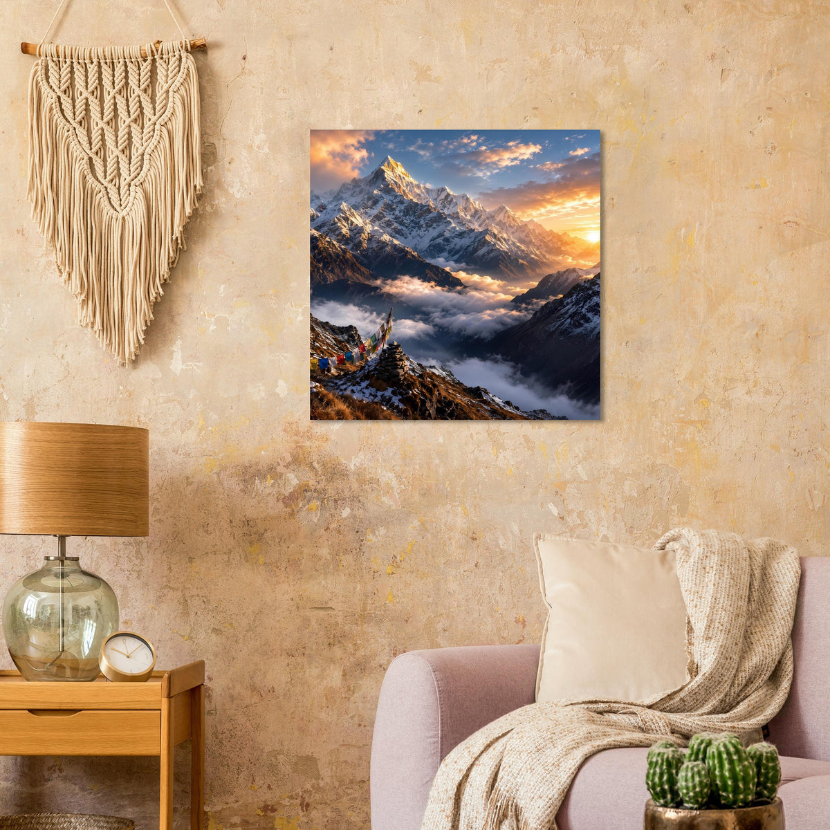 Gerahmtes Poster mit dramatischer Bergszene und Sonnenaufgang im Tal