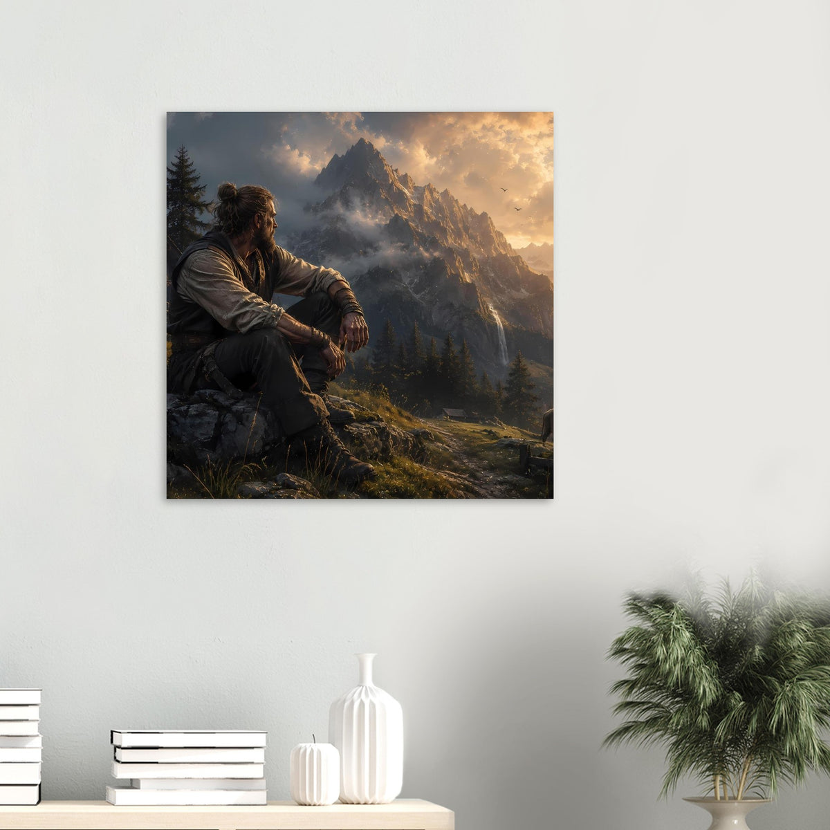 Gerahmtes Poster mit sitzendem Mann in einer Berglandschaft bei Sonnenaufgang