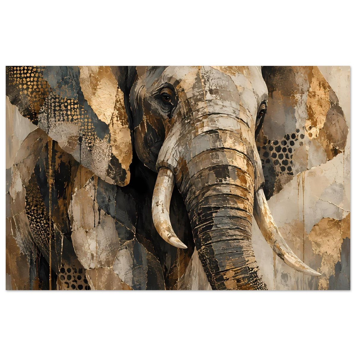 Elefantenkunstposter mit warmen Erdtönen: braun-schwarzer Elefant frontal, große Ohren