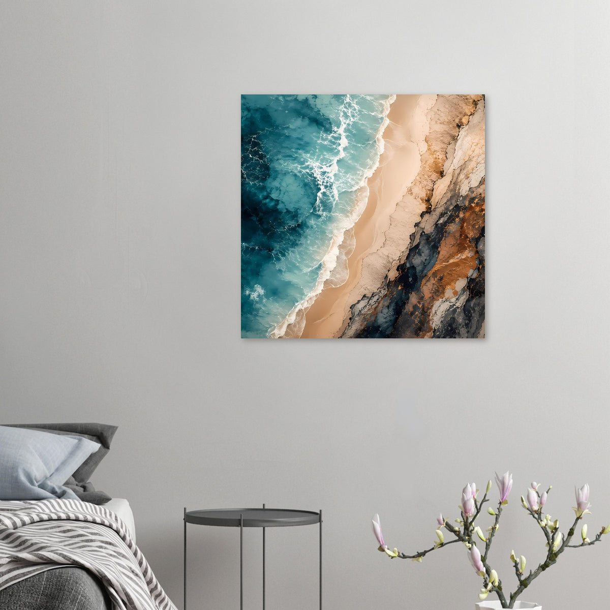 Wandposter (quadratisch) mit türkisfarbenem Meer und felsiger Küste