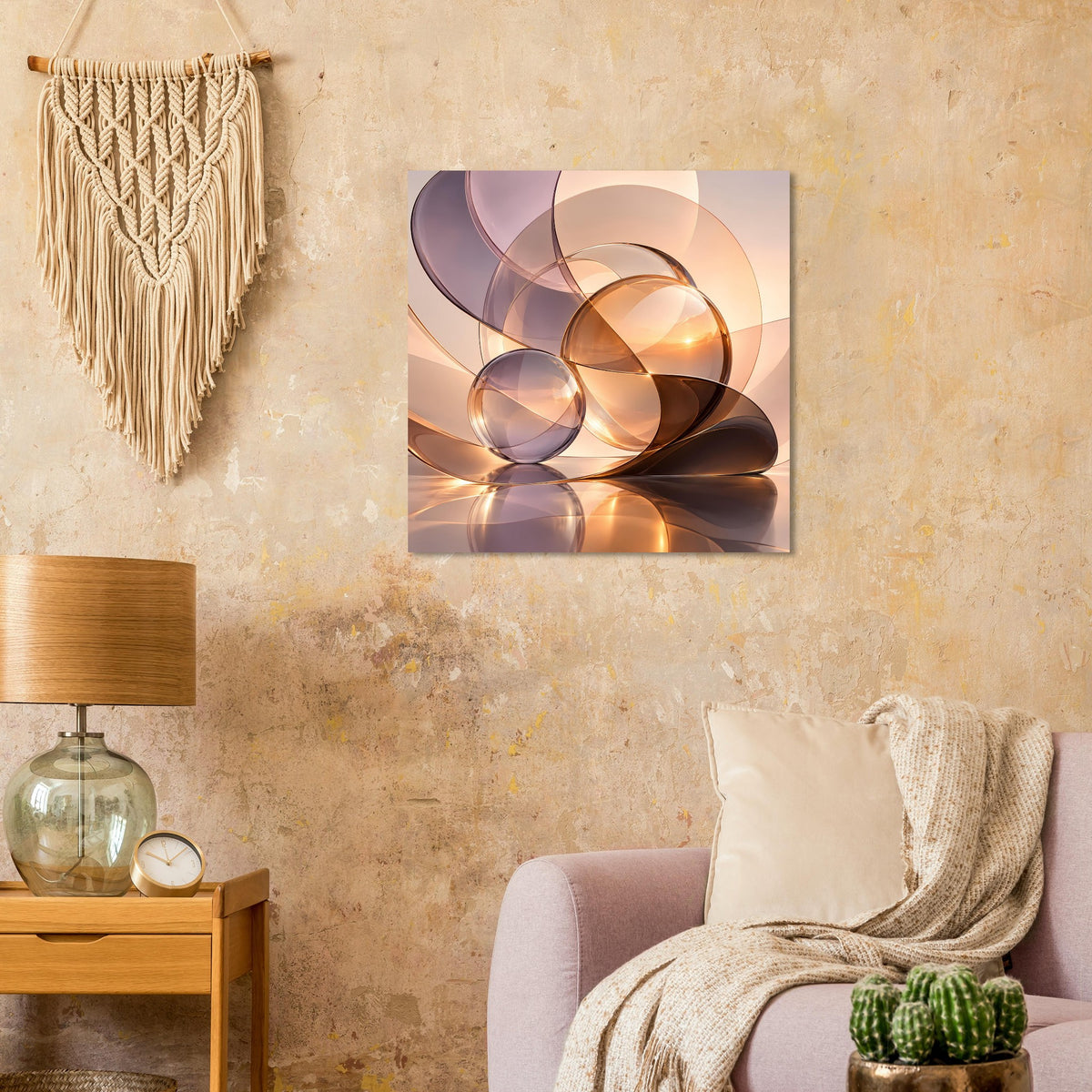 Quadratisches Poster: abstrakte Glas-Kugeln und Kreise in warmen, goldenen Farbtönen