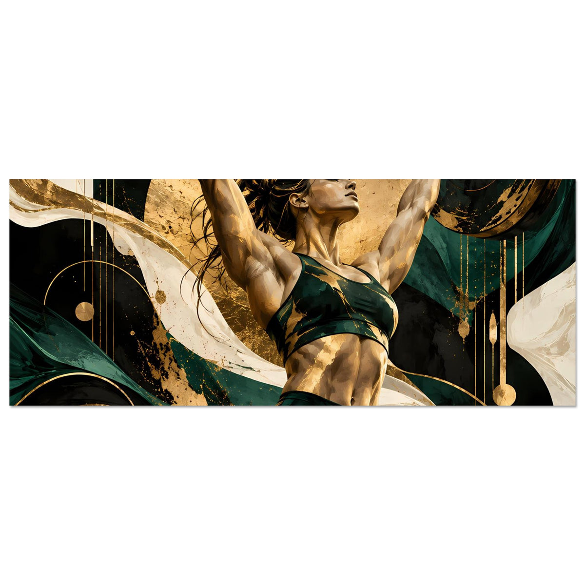 Horizontales Kunstposter: Athletin hebt eine Langhantel, Gold- und Dunkelgrün-Akzente