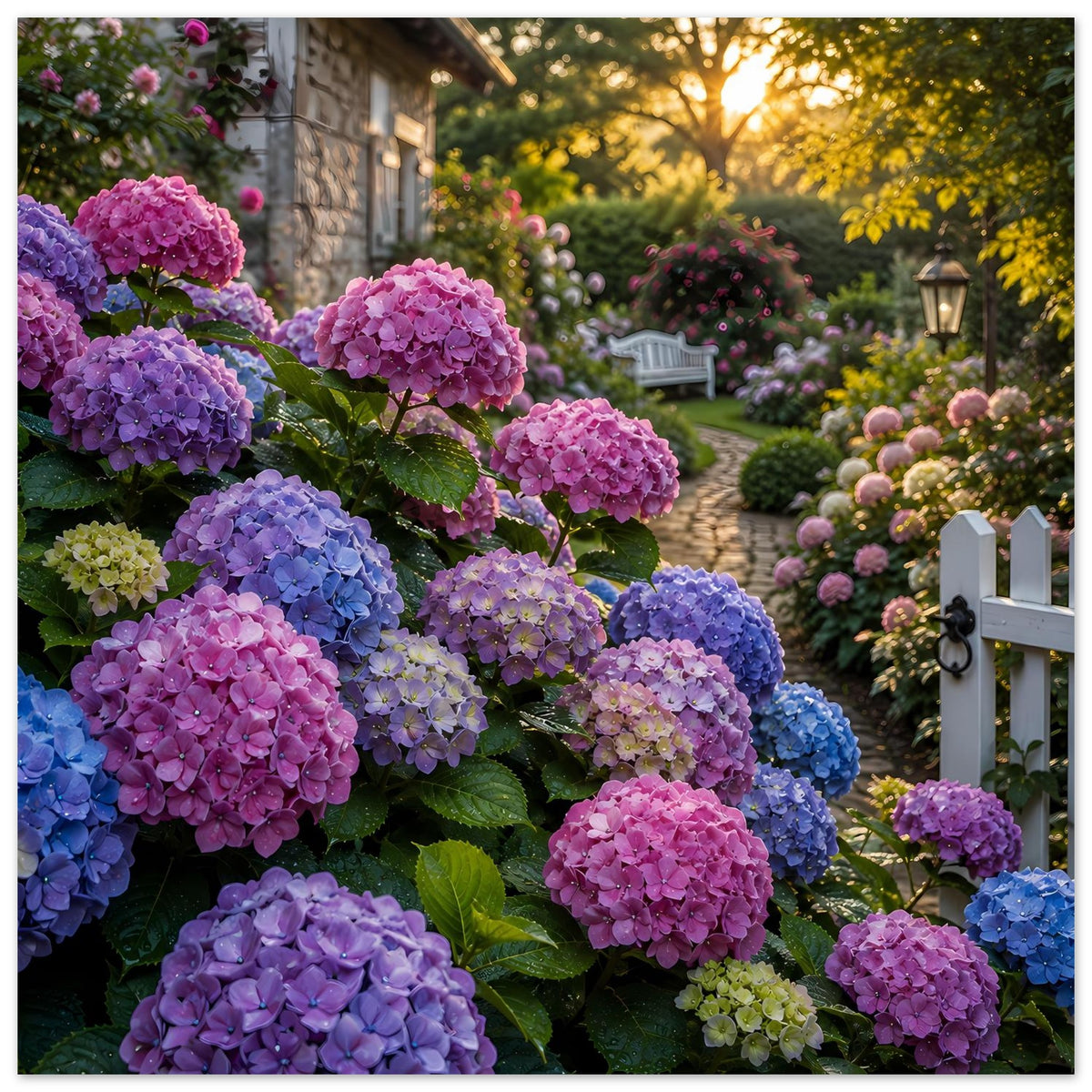 Gartenposter mit blühenden Hortensien in Pink-, Blau- und Lilatönen und Gartenzaun rechts