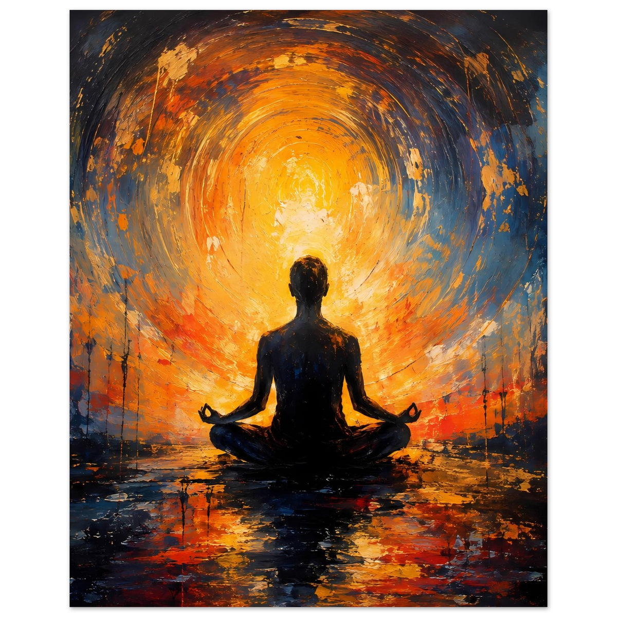Abstraktes Poster mit Meditationsfigur im Lotussitz, leuchtende Orange-Blau-Ringform im Hintergrund.