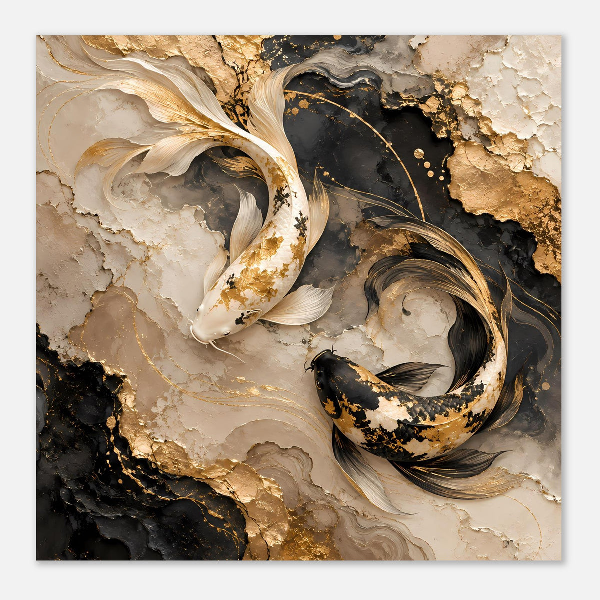 Kunstposter mit Koi-Fisch-Darstellung in Gold und Schwarz auf hellem marmorierten Grund
