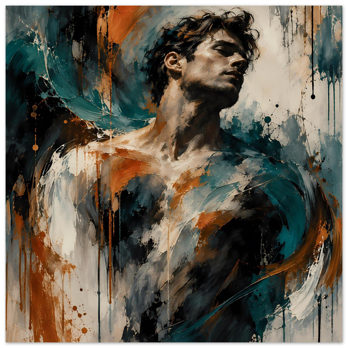 Kunstposter mit expressionistischem Porträt im Profil: Mann, Rostorange, Petrol, Farbverlauf