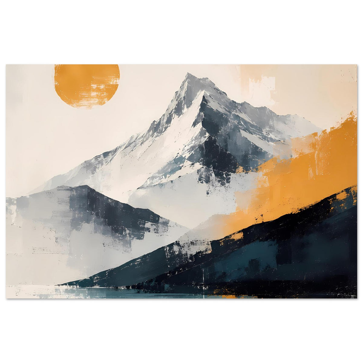 Querformat-Poster: blau-graue Gebirgskanten mit orangefarbenem Schimmer und teal-orangem Farbverlauf unten.